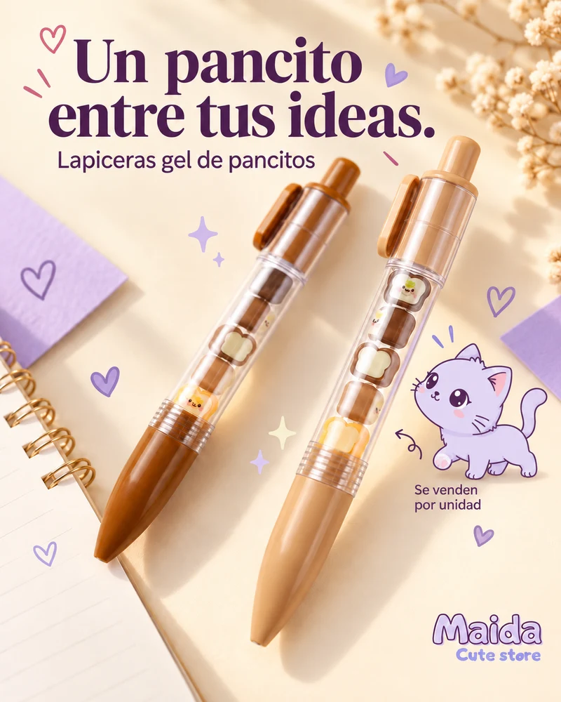 Campaña Maida: lapiceras con diseño de pancitos y un gatito curioso, en una composición de colores suaves.